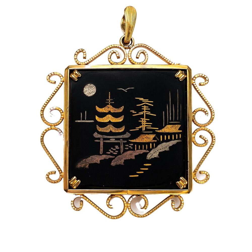 Vintage Damascene Pendant Scenic Pagoda Inlay Gold Tone 70s Japan